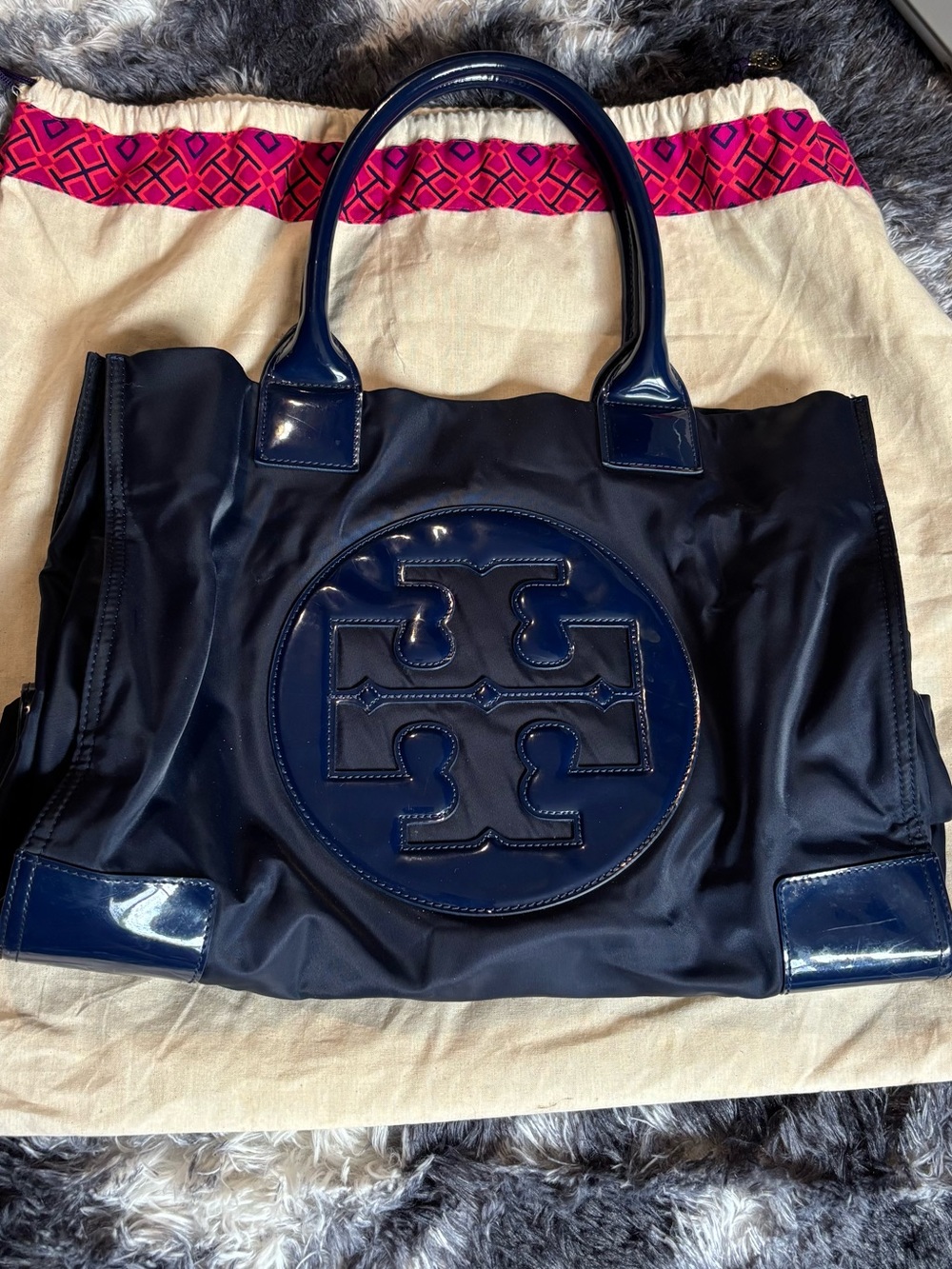 Tory Burch Ella Tote Large Navy Logo Bag